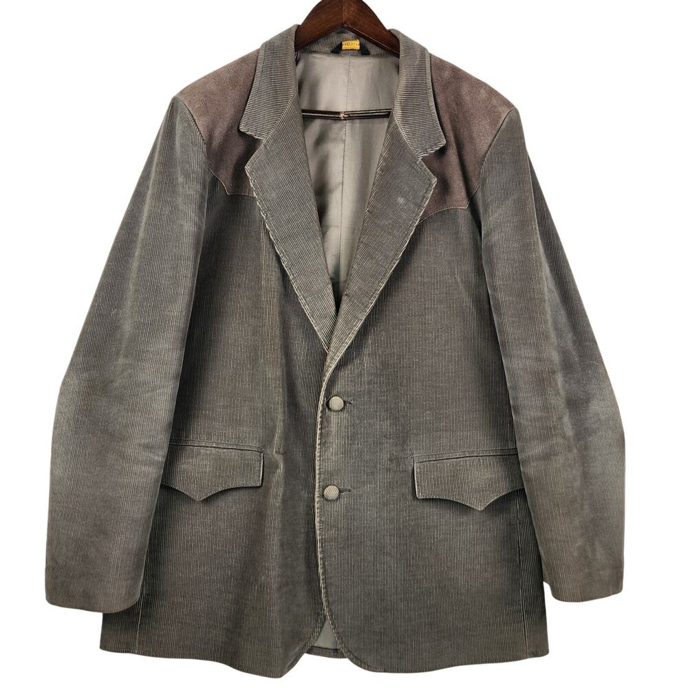 Pioneer Wear Vintage Western Blazer Men Size 44R Gray Corduroy Brown Suede USA